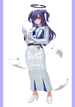 1girl absurdres adjusting_clothes adjusting_gloves aoi_(blue_archive) aoi_(blue_archive)_(cosplay) black_halo blue_archive blue_necktie collared_jacket cosplay cropped_jacket evil_smile full_body gloves halo highres id_card jacket long_hair looking_at_viewer mata_tab1 mechanical_halo necktie purple_hair ribbed_skirt shoes skirt smile solo two_side_up white_background white_gloves white_jacket white_shoes white_skirt yuuka_(blue_archive)