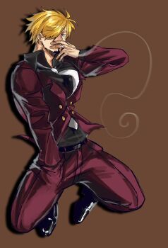 1boy belt black_belt black_shirt black_shoes blonde_hair brown_pants cigarette collared_shirt curly_eyebrows facial_hair full_body goatee hair_over_one_eye hashtag-only_commentary highres jacket long_sleeves looking_at_viewer male_focus midair mrjieshisu necktie one_piece pants red_jacket red_pants sanji_(one_piece) shirt shoes short_hair sketch smoke smoke_trail smoking solo