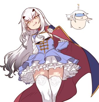 2girls absurdres aiguillette bad_link blue_cape blue_dress blush breasts cape chibi dress ebora fate/grand_order fate_(series) flower forked_eyebrows gold_trim highres licking_lips long_hair long_sleeves looking_at_viewer melusine_(fate) melusine_(second_ascension)_(fate) multiple_girls red_cape sidelocks small_breasts smile thighhighs thighs tongue tongue_out white_hair white_thighhighs yellow_eyes