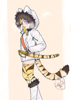 1girl alternate_costume animal_print beanie blonde_hair blue_eyes boots commentary_request covered_mouth feet_out_of_frame from_side fur-trimmed_boots fur-trimmed_hood fur_trim hand_in_pocket hat hood hood_up hooded_jacket jacket kemono_friends kishida_shiki long_sleeves looking_at_viewer multicolored_hair pillarboxed pocket print_thighhighs saber_(weapon) scabbard scarf scarf_over_mouth sheath sheathed sideways_glance smilodon_(kemono_friends) solo sword tail thighhighs weapon white_hair winter_clothes zettai_ryouiki zipper_pull_tab