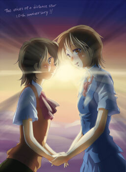 2girls backlighting blush brown_eyes brown_hair commentary_request copyright_name creator_connection english_text engrish_text hair_ornament hairclip holding_hands hoshi_no_koe hoshi_wo_ou_kodomo looking_at_viewer multiple_girls nagamine_mikako open_mouth ranguage school_uniform short_sleeves smile sweater_vest totsuki_touka_(orange_factory) watase_asuna