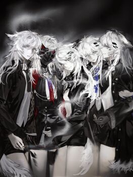 5girls animal_ears arknights black_gloves black_jacket black_shorts blue_necktie cigarette closed_mouth feiyu30903448 gloves grey_eyes hair_between_eyes highres jacket lappland_(arknights) lappland_(refined_horrormare)_(arknights) lappland_the_decadenza_(arknights) long_hair looking_at_viewer mask material_growth multiple_girls multiple_persona necktie oripathy_lesion_(arknights) scar scar_across_eye scar_on_face shorts smoke tail white_hair wolf_ears wolf_girl wolf_tail