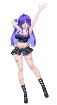 1girl absurdres ahoge arm_behind_head armpits arms_up bandaid bandaid_on_leg bare_arms bare_shoulders black_boots black_skirt boots breasts buyange cleavage collarbone commission crop_top eyes_visible_through_hair full_body hair_ornament highleg highres knee_boots large_breasts long_hair looking_at_viewer midriff miniskirt navel open_mouth original panty_straps pleated_skirt purple_eyes purple_hair purple_shirt shirt simple_background skirt sleeveless sleeveless_shirt smile solo stomach thighs white_background x_hair_ornament