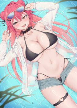 1girl afloat ahoge armpits arms_up bikini black_bikini black_choker breasts choker cleavage collarbone commentary_request covered_erect_nipples cutoffs denim denim_shorts double_bun drawstring eyewear_on_head gluteal_fold grey_shorts hair_bun hair_ornament halterneck heart heart_o-ring heartsix highleg highleg_bikini highres jacket jewelry large_breasts long_hair long_sleeves looking_at_viewer lying mao_(heartsix) micro_shorts navel necklace o-ring on_back open_clothes open_fly open_jacket open_mouth orange_eyes original pink_hair short_shorts shorts side-tie_bikini_bottom skindentation smile solo stomach strap_gap string_bikini sunglasses swimsuit thigh_strap thighs tile_floor tiles very_long_hair water wet wet_jacket white_jacket x_hair_ornament yellow-framed_eyewear