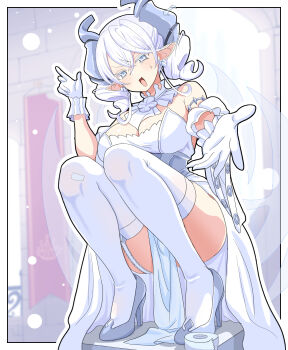 1girl absurdres armored_corset bare_shoulders breasts cleavage commentary_request corset daiichi_(k_daiiti) demon_girl demon_horns demon_tail demon_wings detached_collar dress drill_hair duel_monster garter_straps gloves grey_corset grey_eyes grey_hair high_heels highres horns large_breasts looking_at_viewer lovely_labrynth_of_the_silver_castle low_wings medium_hair multiple_wings open_mouth pointy_ears solo squatting strapless strapless_dress tail thighhighs transparent_wings twin_drills white_dress white_hair white_horns white_thighhighs wings yu-gi-oh!