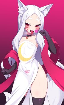 1girl absurdres animal_ear_fluff animal_ears bare_shoulders black_choker black_gloves black_thighhighs blush candy choker chupa_chups collarbone commission commissioner_upload covered_erect_nipples cowboy_shot crescent crescent_print dress elbow_gloves facial_mark fang food fox_ears fox_girl fox_tail gem gloves glowing glowing_tattoo gradient_background hagoromo hand_up highres holding holding_candy holding_food holding_lollipop jewelry kitsune lollipop long_hair looking_at_viewer nirato_shungiku no_panties non-web_source open_mouth oral_invitation parted_bangs pelvic_curtain pendant pubic_tattoo pussy_juice red_eyes red_gemstone red_shawl sewayaki_kitsune_no_senko-san shawl shiro_(sewayaki_kitsune_no_senko-san) sidelocks simple_background skeb_commission skin_fang solo strapless strapless_dress sweat tail tattoo thick_eyebrows thighhighs tongue tongue_out whisker_markings white_dress white_hair