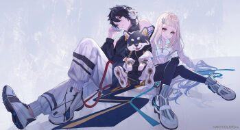 1boy 1girl ;) animal ankle_boots barcode bare_shoulders belt black_hair black_jacket black_pantyhose black_shirt blonde_hair blue_belt boots closed_mouth clothed_animal copyright_notice crop_top detached_sleeves diagonal_bangs dog earrings full_body grey_background hair_between_eyes hair_ornament hairclip hand_on_headphones headphones highres iridescent_clothes jacket jewelry kirei_natuki knee_up knees_together_feet_apart kokumucho_(nijisanji) kuroi_shiba leaning_on_person long_belt long_hair long_sleeves looking_at_viewer machita_chima nijisanji off_shoulder official_art on_floor one_eye_closed open_belt pants pantyhose ready_steady_(vocaloid) red_belt red_eyes reflective_floor roller_shoes shiba_inu shirt shoe_soles shoes short_bangs short_eyebrows short_hair short_shorts shorts shoulder_tattoo shrug_(clothing) sitting sleeveless sleeveless_shirt smile tattoo turtleneck turtleneck_shirt virtual_youtuber white_boots white_jacket white_pants white_shirt white_shoes white_shorts yellow_belt yellow_eyes yumeoi_kakeru zipper_pull_tab