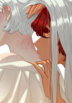 2girls absurdres blush close-up closed_eyes gundam gundam_suisei_no_majo highres kiss kissing_neck long_hair miorine_rembran multiple_girls red_hair simple_background snapagi suletta_mercury thick_eyebrows white_background white_hair yuri