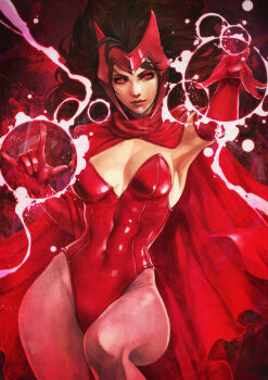 1girl absurdres armpits black_hair breasts cape cleavage commentary covered_abs elbow_gloves english_commentary floating_hair gloves glowing glowing_eyes headpiece highres leotard long_hair magic makeup marvel mascara medium_breasts monori_rogue \n/ pantyhose pink_pantyhose pointing pointing_forward red_cape red_eyes red_gloves red_leotard red_theme scarlet_witch shiny_clothes skin_tight solo strapless strapless_leotard superhero_costume wanda_maximoff