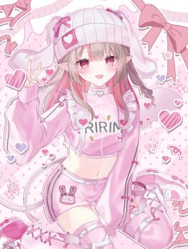 Rule 34 | 1girl, 4ki8 (shikiha0), :3, :d, animal ears, beanie, belt, between legs, blunt bangs, blush, bow, buckle, character name, chest harness, clothes writing, colored inner hair, cropped jacket, cross-laced clothes, cross-laced legwear, drill hair, fake animal ears, fang, floppy ears, frills, full body, hair down, hand between legs, hand up, harness, hat, hat bow, heart, heart-shaped buckle, highres, jacket, long hair, looking at viewer, makaino ririmu, midriff, multicolored hair, name tag, navel, nijisanji, official alternate costume, official alternate hairstyle, open mouth, pants, pink background, pink bow, pink hair, pink jacket, pink shoes, pink shorts, pink thighhighs, pointy ears, rabbit ears, red eyes, shoes, short shorts, shorts, sidelocks, sitting, skin fang, sleeves past wrists, smile, sneakers, solo, streaked hair, thighhighs, track jacket, track pants, v, virtual youtuber, wariza, white belt, white wings, wings