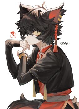 1boy ? aak_(arknights) animal_ear_piercing animal_ears arknights black_hair black_shirt colored_sclera ear_piercing eyeshadow furry furry_male hair_over_one_eye highres looking_at_viewer makeup male_focus multiple_piercings one_eye_covered piercing red_eyeshadow red_shirt shirt sleeves_past_wrists wanu_0u0 watermark yellow_sclera