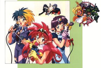 1990s_(style) 2boys 4girls aqua_hair arara_cocoa arara_milk arm_up baba_lamune blonde_hair blue_eyes braid braided_ponytail breasts cleavage da_cider earrings fox_girl gloves headpiece heavy_meta-ko holding holding_microphone holding_microphone_stand jewelry leska_(arara_cafe_au_lait) long_hair looking_at_viewer mecha microphone microphone_stand multiple_boys multiple_girls necklace ng_knight_lamune_&amp;_40 non-web_source official_art open_mouth pants peace_symbol pointy_ears purple_gloves purple_hair red_eyes red_hair retro_artstyle robot short_hair sphere_earrings standing tama-q torn_clothes torn_pants v yellow_gloves