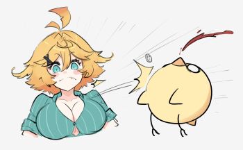 1girl absurdres ahoge aqua_shirt bird blonde_hair blood blood_from_mouth blush breasts bursting_breasts collared_shirt dokibird dragoon_(dokibird) fang feather_hair flying_button green_eyes hair_ornament highres indie_virtual_youtuber large_breasts mat_(matdesenheiro) pinstripe_pattern pinstripe_shirt popped_button shirt short_hair skin_fang smile solo surprised virtual_youtuber white_background yellow_bird