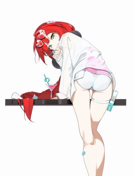 1girl absurdres ass bandaid bandaid_on_leg blush cocktail cocktail_glass cup drinking_glass drinking_straw eyewear_on_head from_behind green_eyes hair_ornament hair_ribbon head_tilt hearing_aid heart heart-shaped_eyewear highres long_hair looking_at_viewer looking_back lq9140 panties red_hair ribbon see-through_clothes shelf shirt smile solo sphere_hair_ornament standing sunglasses swimsuit thigh_strap ukinami_yuzuha underwear water_gun wet wet_clothes wet_shirt white_background white_panties white_ribbon white_shirt zenless_zone_zero