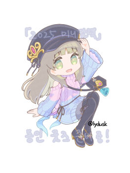 Rule 34 | 1girl, :d, atelier (series), atelier resleriana, atelier totori, bare shoulders, black boots, black hat, black pantyhose, boots, brown hair, chibi, commentary request, dress, full body, green eyes, hand on headwear, hand up, hat, invisible chair, korean commentary, korean text, leyin (lydusk), long hair, long sleeves, looking at viewer, open mouth, pantyhose, ribbed sweater, sitting, smile, solo, sweater, sweater dress, thigh boots, totooria helmold, totooria helmold (snow adventurer), twitter username, white background, winter clothes