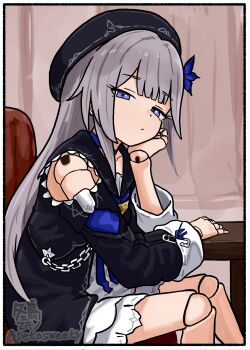 1girl artist_name beret black_dress black_hat border closed_mouth clothing_cutout commentary_request doll_joints dot_mouth dress feet_out_of_frame flower frilled_dress frills from_side fuyudori_yukino grey_hair hair_flower hair_ornament half-closed_eyes hand_rest hat head_on_hand herta_(honkai:_star_rail) highres honkai:_star_rail honkai_(series) joints long_hair long_sleeves looking_at_viewer purple_eyes purple_flower shoulder_cutout sitting sketch_background solo table twitter_username