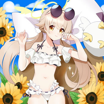 1girl absurdres bikini blue_archive blue_sky brown_eyes brown_hair cloud commentary cowboy_shot eyewear_on_head flower frilled_bikini frills halo hifumi_(blue_archive) hifumi_(swimsuit)_(blue_archive) highres looking_at_viewer low_twintails peroro_(blue_archive) ribbon-trimmed_bikini ribbon_trim ruffle_bikini sky smile sunflower sunglasses swimsuit symbol-only_commentary thigh_gap twintails white_bikini winged_halo yellow_halo zhang_xiaozhai