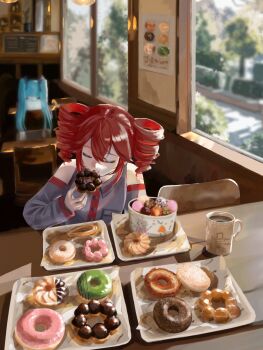 2girls aqua_hair bare_shoulders breast_pocket buttons cafe chair churro closed_eyes coffee_mug cup day detached_sleeves donut double-parted_bangs drill_hair eating food grey_shirt grey_sleeves hair_between_eyes hatsune_miku highres holding holding_food indoors kasane_teto kasane_teto_(utau) menu_board mug multiple_girls number_tattoo pocket red_hair red_trim ruki_art shirt shoulder_tattoo sidelocks sitting sleeveless sleeveless_shirt table tattoo tray twin_drills twintails utau vocaloid white_shirt window wing_collar