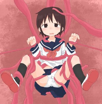 1girl blue_sailor_collar blue_skirt blush brown_eyes brown_hair clothes_lift female_focus flat_chest full_body hands_up loli long_sleeves looking_at_viewer m_legs matching_hair/eyes miniskirt neckerchief nose_blush open_mouth original panties pink_background pleated_skirt ponnu_(tnpn2yw) raised_eyebrows red_neckerchief red_shoes restrained sailor_collar school_uniform serafuku shirt shoes short_hair sidelocks skirt skirt_lift solo spread_legs straight-on tentacles tentacles_under_clothes underwear variant_set wavy_hair white_panties white_shirt