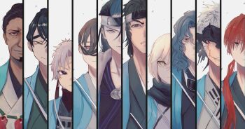 1girl 6+boys black_hair black_scarf blonde_hair blue_haori brown_hair facial_hair facial_scar fate/grand_order fate_(series) forehead_protector goatee grey_hair haori harada_sanosuke_(fate) highres hijikata_toshizou_(fate) itou_kashitarou_(fate) japanese_clothes jitome kondou_isami_(fate) long_hair masteryakiniku multiple_boys nagakura_shinpachi_(fate) nagakura_shinpachi_(third_ascension)_(fate) okita_souji_(fate) red_hair saitou_hajime_(fate) saitou_hajime_(third_ascension)_(fate) scar scar_on_cheek scar_on_face scar_on_forehead scarf serizawa_kamo_(fate) shinsengumi_(fate) smile toudou_heisuke_(fate) white_hair yamanami_keisuke_(third_ascension)_(fate)