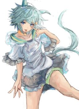 1girl animal_ears blue_eyes blush breasts choker collarbone dress ear_covers flower green_sailor_collar green_shorts grey_hair hair_between_eyes hair_flower hair_ornament hairclip horse_ears horse_girl horse_tail looking_at_viewer sailor_collar seiun_sky_(reeling_in_the_big_one)_(umamusume) seiun_sky_(umamusume) short_hair shorts simple_background single_ear_cover small_breasts smile solo sunflower sunflower_hair_ornament tail tongue tongue_out umamusume white_background white_dress yanagi_wakana yellow_choker