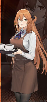 1girl apron artist_request brown_apron brown_hair coffee_mug commentary_request cup girls&#039;_frontline girls&#039;_frontline_2:_exilium green_eyes highres holding holding_tray mug official_art official_wallpaper second-party_source shirt solo springfield_(girls&#039;_frontline) springfield_(girls&#039;_frontline_2) tray white_shirt zoom_layer
