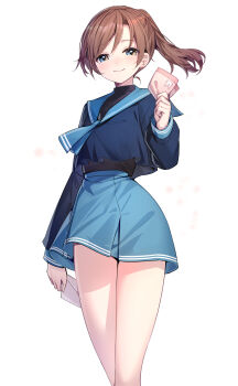 1girl aqua_neckerchief aqua_sailor_collar aqua_skirt black_shirt blue_serafuku blush closed_mouth commentary_request envelope feet_out_of_frame haga_ayano hand_up handkerchief highres holding holding_envelope holding_handkerchief koibumi_to_13-sai_no_joyuu long_sleeves looking_at_viewer neckerchief ponytail puffy_long_sleeves puffy_sleeves ririko_(zhuoyandesailaer) sailor_collar school_uniform serafuku shirt simple_background skirt smile solo standing thighs turtleneck white_background