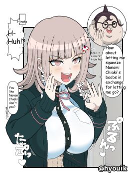 Rule 34 | 1boy, 1girl, :d, artist name, black hair, blush, body switch, breasts, commentary request, danganronpa: trigger happy havoc, danganronpa (series), danganronpa 2: goodbye despair, english text, fat, fat man, green jacket, hair ornament, highres, hyouik, jacket, large breasts, nanami chiaki, neck ribbon, open clothes, open jacket, open mouth, personality switch, pink eyes, pink ribbon, ribbon, short hair, smile, speech bubble, two-tone shirt, white background, yamada hifumi