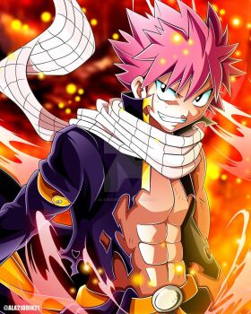 1boy abs aladdin_(ala21ddin21) belt clenched_teeth commentary deviantart_logo embers fairy_tail fire floating_clothes high_collar male_focus natsu_dragneel pink_hair scarf short_hair smile solo spiked_hair teeth