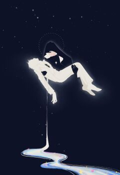 2boys absurdres barefoot black_gloves bleeding blood carrying cloak demon_horns faceless gloves halo halo_behind_head highres hole_in_chest hole_on_body hood hood_up hooded_cloak horns kim_dokja knees_up liliseme limited_palette multiple_boys omniscient_reader&#039;s_viewpoint princess_carry river scar scar_on_face secretive_plotter short_hair sky sparkle star_(sky) starry_sky yoo_joonghyuk