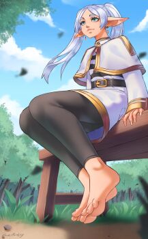 1girl artist_name barefoot belt bench black_belt black_leggings blue_sky capelet closed_mouth commentary day dress earrings english_commentary eyelashes feet frieren full_body gold_trim grass green_eyes grey_hair highres jewelry leggings legs legs_together long_hair long_sleeves outdoors pointy_ears short_dress signature sitting sky smile solo sousou_no_frieren thick_eyebrows toenails toes twintails white_capelet white_dress yaseipaisley