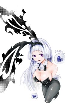1girl animal_ears arm_behind_back bare_shoulders black_hairband black_leotard black_pantyhose black_shoes blush bow bowtie breasts cleavage commentary_request detached_collar fake_animal_ears gloves hairband hand_up highres hitodama large_breasts leotard long_hair looking_at_viewer open_mouth original pantyhose playboy_bunny purple_eyes rabbit_ears rabbit_tail sawada_kou shoes simple_background smile solo tail teeth traditional_bowtie white_background white_gloves white_hair