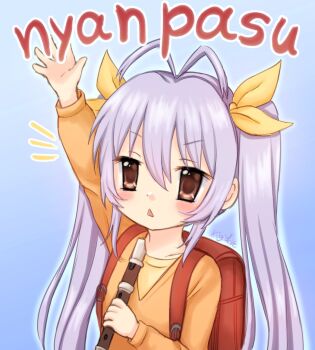 1girl arm_up artist_name backpack bag brown_eyes child flute highres holding holding_flute holding_instrument instrument kigidere long_hair long_sleeves miyauchi_renge non_non_biyori nyanpassu~ purple_hair randoseru recorder signature solo triangle_mouth twintails upper_body