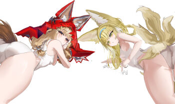 2girls absurdres animal_ears arknights arknights:_endfield ass blonde_hair blue_hairband breasts brown_eyes chinese_commentary commentary_request ears_through_hood fox_ears fox_girl fox_tail from_behind green_eyes hairband highres in-franchise_crossover incredibly_absurdres long_hair looking_at_viewer mikuning multiple_girls multiple_tails one-piece_swimsuit red_hood rossi_(arknights) simple_background small_breasts suzuran_(arknights) swimsuit tail white_background white_one-piece_swimsuit wolf_ears