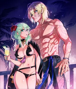 1boy 1girl belt bikini black_belt black_bikini black_cape black_pants blonde_hair breasts cape cleavage closed_mouth covered_erect_nipples cup dimitri_alexandre_blaiddyd dimitri_alexandre_blaiddyd_(timeskip) eyepatch female_byleth_(awakened)_(fire_emblem) female_byleth_(fire_emblem) female_byleth_(summer)_(fire_emblem) fire_emblem fire_emblem:_three_houses fire_emblem_heroes flower green_eyes green_hair hair_flower hair_ornament hibiscus holding holding_cup large_breasts long_hair looking_at_viewer muscular muscular_male navel nintendo official_alternate_costume palm_leaf pants pectorals red_flower short_hair sideboob stomach swimsuit thighs topless_male wet yomos_gara