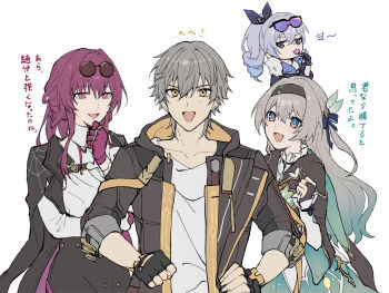 1boy 3girls aqua_dress aqua_skirt black_jacket blue_gloves blue_ribbon bridal_gauntlets brown_hairband brown_jacket caelus_(honkai:_star_rail) candy commentary_request dress fingerless_gloves firefly_(honkai:_star_rail) food fur-trimmed_jacket fur_trim gloves gradient_eyes gradient_hair green_pupils grey_hair hair_ornament hair_ribbon hairband highres holding holding_candy holding_food honkai:_star_rail honkai_(series) jacket kafka_(honkai:_star_rail) lollipop long_hair multicolored_eyes multicolored_hair multiple_girls open_mouth ponytail purple_eyes purple_gloves purple_hair ribbon rune_(rne_at) silver_wolf_(honkai:_star_rail) simple_background single_bridal_gauntlet single_drill skirt smile trailblazer_(honkai:_star_rail) white_background yellow_eyes