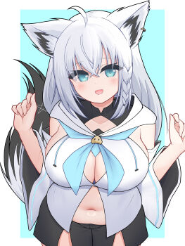 1girl :d absurdres ahoge alternate_body_size animal_ear_piercing animal_ears aqua_background aqua_eyes black_shorts blue_neckerchief border braid breasts cleavage commentary_request fat fox_ears fox_girl fox_tail hands_up highres hololive hood hood_down hooded_jacket jacket large_breasts long_hair looking_at_viewer mochigomemcmc navel neckerchief open_mouth plump shirakami_fubuki shirakami_fubuki_(1st_costume) shorts side_braid sidelocks smile solo stomach tail virtual_youtuber white_border white_hair white_jacket