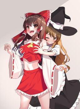 2girls ambasa apron black_hat black_skirt black_vest blonde_hair bow breasts brown_eyes brown_hair commentary_request covered_erect_nipples d: detached_sleeves grabbing_another&#039;s_breast grabbing_from_behind grin groping hair_bow hair_tubes hakurei_reimu hat highres kirisame_marisa medium_breasts midriff multiple_girls navel open_mouth red_bow red_shirt red_skirt shirt skirt smile touhou vest waist_apron white_apron white_shirt witch_hat yuri