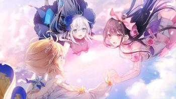 3girls a20_(atsumaru) above_clouds aitsuki_nakuru black_hair blonde_hair bow breasts character_request cloud detached_sleeves dress floating_hair flower hair_between_eyes hair_bow hair_flower hair_ornament hair_ribbon highres holding_hands interlocked_fingers la_priere long_hair long_sleeves looking_at_another medium_breasts multiple_girls natsume_itsuki_(voice_actor) official_art open_mouth pink_bow pink_eyes purple_dress ribbon smile utaite white_hair