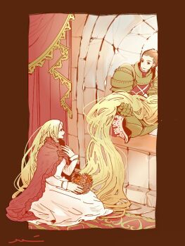 1boy 1girl armor armored_gloves basket blonde_hair border braid breasts brown_border brown_hair cloak curtains delita_heiral dress final_fantasy final_fantasy_tactics flower_basket full_body gold_trim hair_slicked_back hand_on_own_chest holding holding_another's_hair holding_basket kneeling long_hair looking_at_another medium_breasts mochi_(hanamaruudondesu) ovelia_atkascha parted_lips pauldrons red_cloak short_hair shoulder_armor side_braid signature sitting smile very_long_hair white_dress window