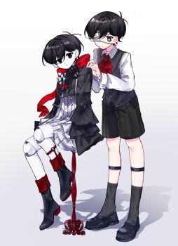 2boys absurdres adapted_costume adjusting_another&#039;s_clothes ankle_boots antenna_hair arms_at_sides ascot bandaged_arm bandages behind_another black_boots black_bow black_hair black_shirt black_shoes black_shorts black_socks boots bow bright_pupils chair chinese_commentary closed_mouth collared_shirt colored_skin commentary_request doll_joints double-parted_bangs dual_persona earrings empty_eyes expressionless eyepatch flower frilled_sleeves frills full_body gradient_background grey_background grey_vest hair_behind_ear hair_between_eyes high-waist_shorts high_heel_boots high_heels highres jewelry joints kneehighs lace-up_boots legwear_garter light_bulb lily_of_the_valley loafers long_sleeves looking_at_another looking_at_viewer male_focus medical_eyepatch multiple_boys no_pupils omori omori_(omori) on_chair one_eye_covered puffy_long_sleeves puffy_sleeves red_ascot red_bow shadow shirt shirt_tucked_in shoes short_hair shorts simple_background sitting socks spoilers standing striped_clothes striped_shorts stud_earrings sunny_(omori) suspender_shorts suspenders two-tone_shorts vertical-striped_clothes vertical-striped_shorts very_short_hair vest white_background white_flower white_pupils white_shirt white_shorts white_skin wide_sleeves yangliyongyuanshiyangchui