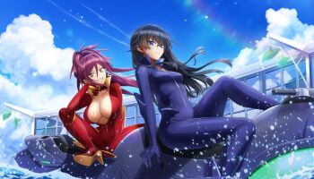 2girls black_hair blue_bodysuit blue_eyes bodysuit breasts cleavage dolphin_wave from_side game_cg grey_eyes hagane_otsuki hair_between_eyes high_heels highres jet_ski kurenashi_yuuri large_breasts long_hair looking_at_viewer marvelous medium_breasts multiple_girls non-web_source official_art ootomo_takuji open_bodysuit open_clothes ponytail purple_hair red_bodysuit sharp_teeth sitting smile teeth watercraft