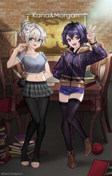 2girls absurdres adapted_costume apple black_hair black_pantyhose black_thighhighs book book_stack box brown_footwear casual chair character_name contemporary crop_top dolphin_shorts female_kana_(fire_emblem) fire_emblem fire_emblem_awakening fire_emblem_fates flower food fruit glasses grey_eyes grey_hair hair_bun hair_flower hair_ornament high_heels highres jacket map midriff miniskirt female_morgan_(fire_emblem) multiple_girls navel nintendo pantyhose pleated_skirt pointy_ears purple_eyes short_hair short_shorts shorts silvercandy_gum single_hair_bun skirt smile table thighhighs toeless_legwear v