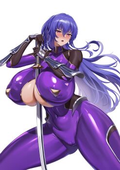 Rule 34 | 1girl, :o, absurdres, akiyama rinko, between breasts, blue hair, blush, bodysuit, breasts, cameltoe, cleavage, cleavage cutout, clothing cutout, commentary request, covered erect nipples, covered navel, curvy, floating hair, gauntlets, hair between eyes, highres, holding, holding sword, holding weapon, huge breasts, impossible bodysuit, impossible clothes, jingb dx, katana, long hair, long sleeves, looking at viewer, open mouth, ponytail, purple bodysuit, purple eyes, shiny clothes, sidelocks, simple background, skin tight, solo, standing, sword, sword between breasts, taimanin (series), taimanin yukikaze, thick thighs, thighs, very long hair, weapon, white background, wide hips