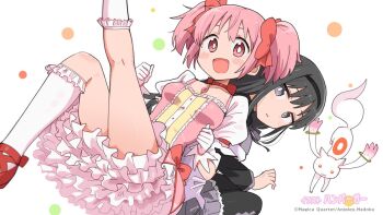 2girls akemi_homura akemi_homura_(magical_girl) back-to-back black_hair black_headband black_pantyhose bow child choker dress frilled_dress frills gem gloves grey_skirt hair_bow headband hundredburger kaname_madoka kaname_madoka_(magical_girl) kneehighs kyubey long_hair looking_at_viewer magical_girl mahou_shoujo_madoka_magica mahou_shoujo_madoka_magica_(anime) mascot medium_hair multiple_girls official_art open_mouth pantyhose parted_lips pink_bow pink_eyes pink_gemstone pink_hair pleated_skirt purple_eyes red_bow red_eyes red_ribbon ribbon ribbon_choker short_twintails skirt socks soul_gem twintails white_gloves