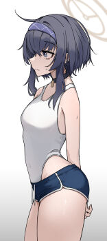 1girl absurdres alternate_costume alternate_hair_length alternate_hairstyle black_choker black_hair blue_archive blue_eyes blue_hairband blue_shorts breasts brown_halo choker closed_mouth commentary gradient_background grey_background guwall hairband halo highres one-piece_swimsuit short_hair short_shorts shorts small_breasts solo standing swimsuit thighs ui_(blue_archive) white_one-piece_swimsuit