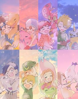 Rule 34 | agumon, animal hands, bird, blonde hair, blue fur, blue hair, blue shirt, body fur, brown hair, bug, cat, closed eyes, coat, colored skin, digimon, digimon adventure, digimon day, dreamearth, feathers, finger to mouth, fur coat, gabumon, gloves, gomamon, green hat, green shirt, group picture, hand focus, hat, head wings, highres, ishida yamato, izumi koshiro, kido jo, medium hair, open mouth, orange shirt, orange skin, palmon, patamon, paw gloves, pink feathers, piyomon, reptile, sharp teeth, shirt, short hair, sleeveless, sleeveless shirt, tachikawa mimi, tailmon, takaishi takeru, takenouchi sora, teeth, tentomon, whiskers, white fur, wings, yagami hikari, yagami taichi, yellow shirt