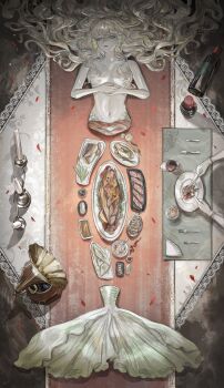 1girl 1other blue_eyes bottle breasts candlestand cannibalism cleavage covered_erect_nipples cup death drinking_glass eating empty_eyes exposed_bone falling_petals fins fish_(food) food fork from_above full_body gloves hand_on_own_stomach head_fins head_tilt highres holding holding_fork holding_knife knife lace_trim mei_mezu mermaid monster_girl napkin original out_of_frame parted_lips petals phonograph plate sashimi seafood severed_torso soup tablecloth wavy_hair white_gloves wine_glass