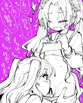 1futa 1girl bar_censor blush censored closed_eyes clothes_lift cowboy_shot dress dress_lift fellatio flower fujishima_megumi futa_with_female futanari greyscale_with_colored_background hair_flower hair_ornament heart highres lifting_own_clothes link!_like!_love_live! long_hair love_live! mira-cra_park! no_testicles oral osawa_rurino panties panty_pull parted_bangs pink_background speech_bubble spoken_heart sweat translation_request twintails two_side_up underwear virtual_youtuber wavy_mouth yukiri_takashi yuri