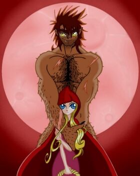 Rule 34 | 1boy, 1girl, arm hair, big bad wolf, blonde hair, blue eyes, chest hair, cloak, clothed female nude male, facial hair, fang, hairy man, little red riding hood (fairy tale character), muscular, muscular male, nude, poorly drawn, red background, red cloak, scar, smile, straight-on, stubble, yellow eyes